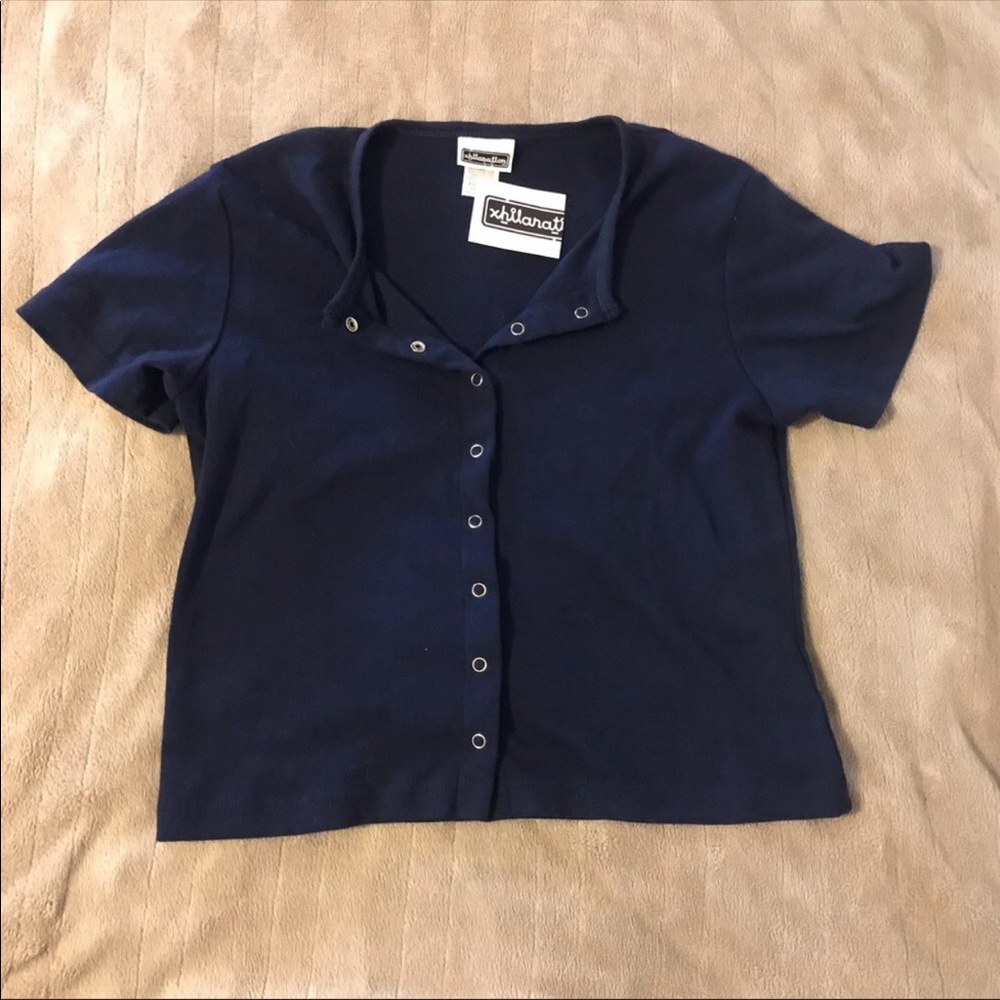 Navy snap button up T-shirt crop top vintage 2000
